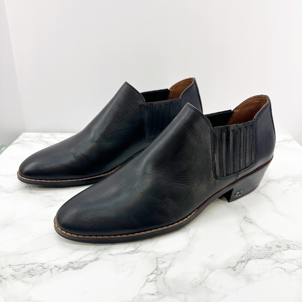Coach Ankle Booties Womens 10 Black Leather Low Block Heel Slip On Almond‎ Toe